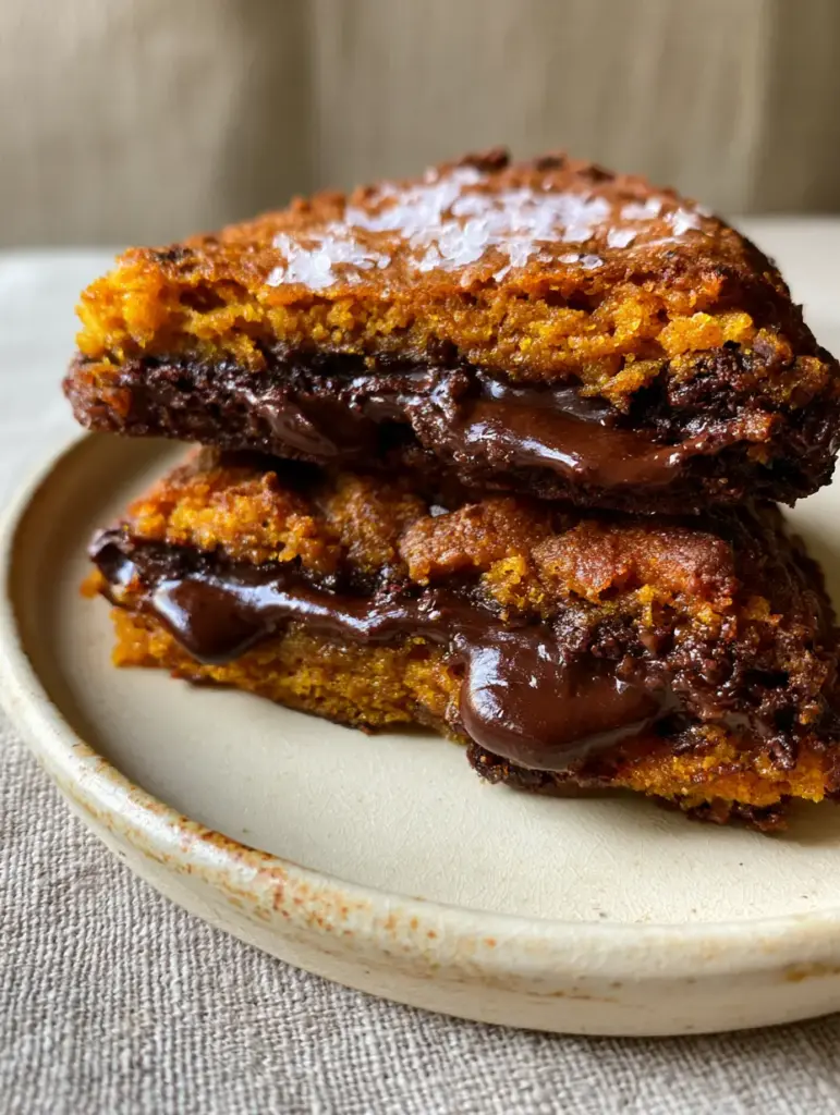 pumpkin chocolate chip cookies with Gooey Dark Chocolate and Sea Salt 1 Top down view of pumpkin chocolate chip cookies on a rustic ceramic plate, highlighting the orange-gold spiced dough.