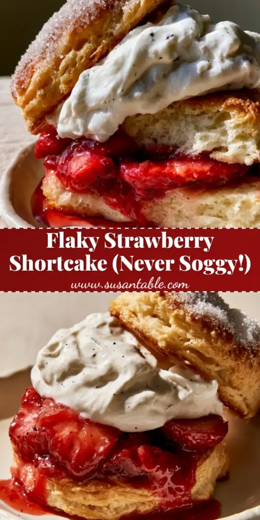 strawberry shortcake recipe: The Ultimate Flaky Buttermilk Version 4 A close-up vertical shot of a gourmet strawberry shortcake with flaky buttermilk biscuits and glossy red syrup. (strawberry shortcake recipe)
