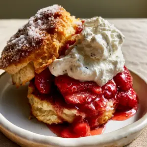 Eye-level cross-section of a strawberry shortcake showing steaming biscuit layers and vanilla bean whipped cream. (strawberry shortcake recipe)