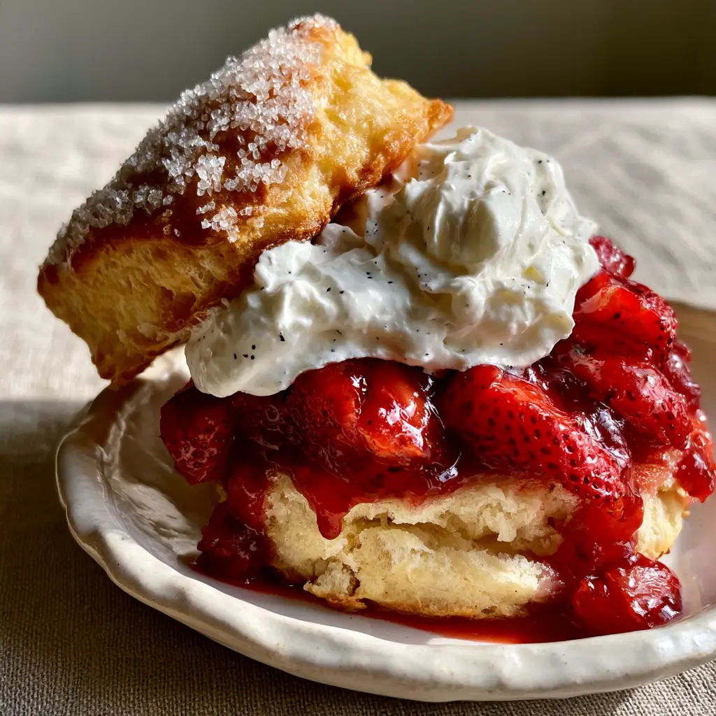 strawberry shortcake recipe: The Ultimate Flaky Buttermilk Version 1 Close up of ruby-red macerated strawberries and thick glossy syrup on a biscuit.