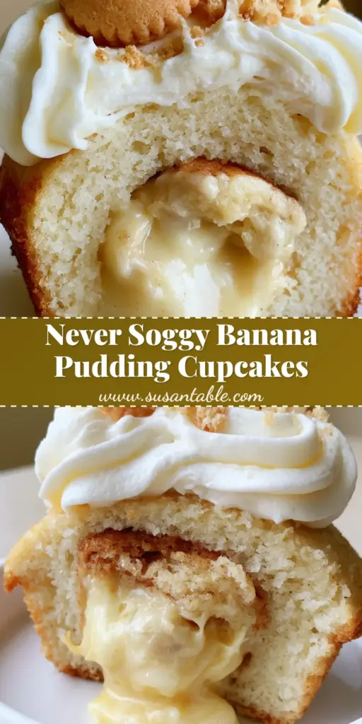 Banana Pudding Cupcakes with Oozing Custard Filling 4 A close-up of Southern banana pudding cupcakes with oozing custard filling, cream cheese frosting, and a mini vanilla wafer garnish.