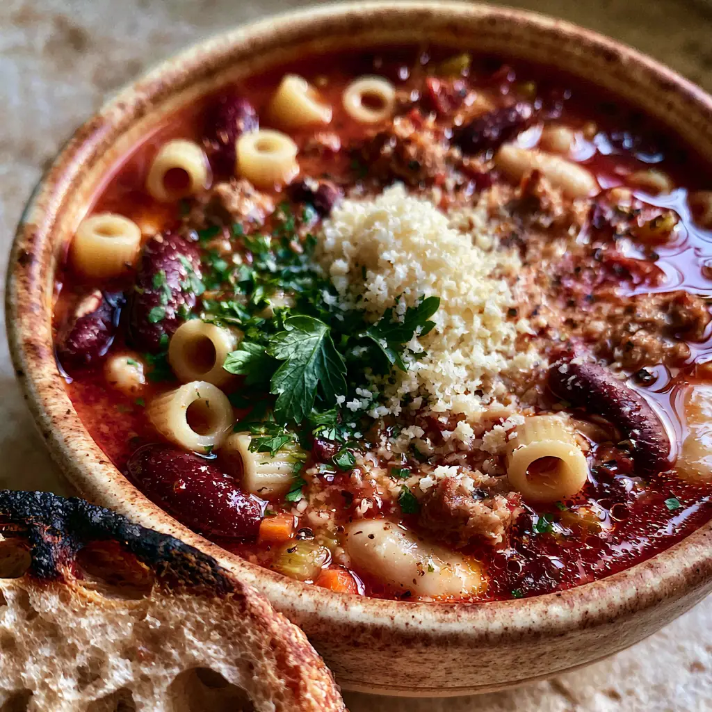 Pasta Fagioli Soup: The Ultimate Hearty Italian Comfort Bowl 1 Rustic bowl of Pasta Fagioli soup topped with micro-grated parmesan and fresh parsley next to a sourdough slice.