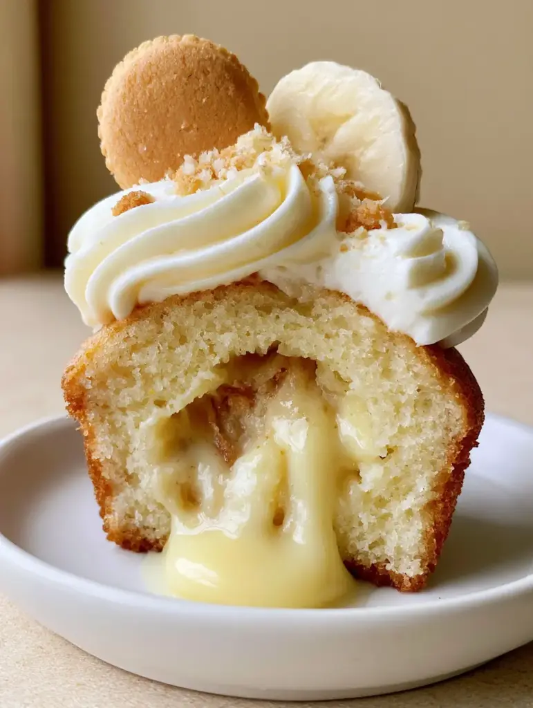 Banana Pudding Cupcakes with Oozing Custard Filling 2 Eye-level smartphone photo of a banana pudding cupcake sliced in half to show the oozing yellow custard center. (banana pudding cupcakes)