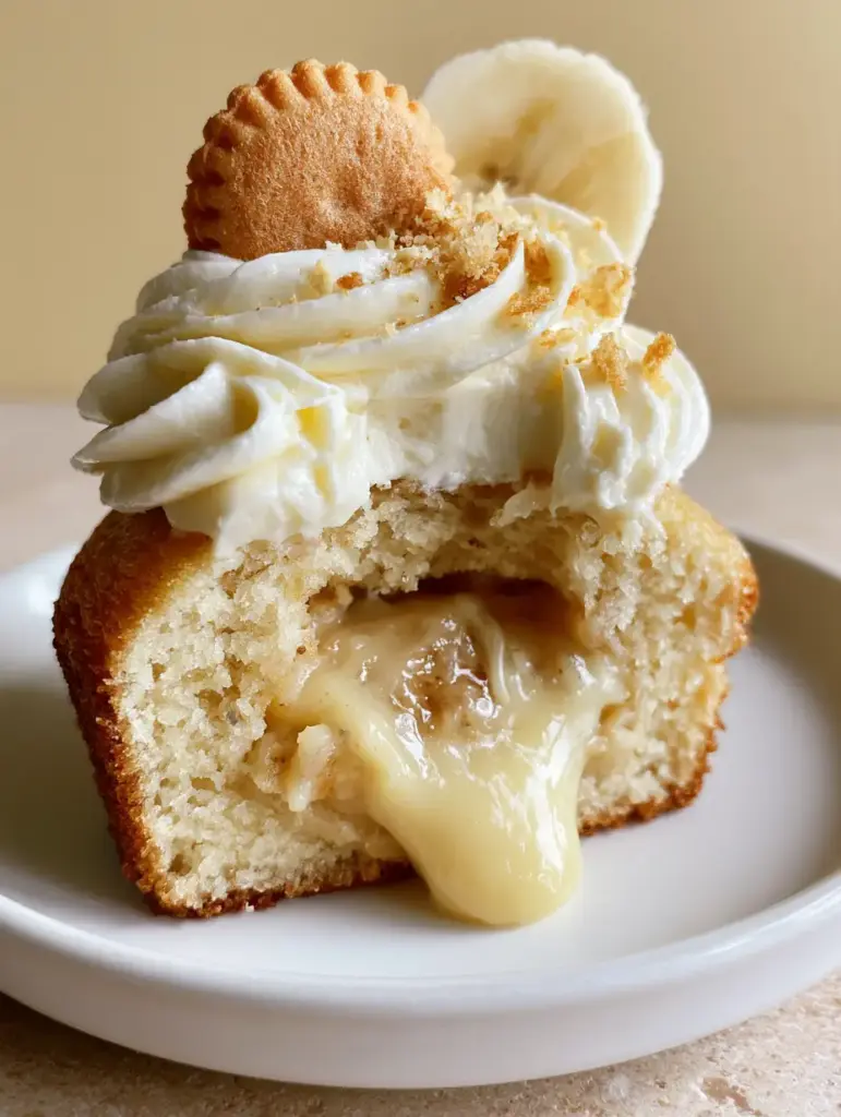 Banana Pudding Cupcakes with Oozing Custard Filling 1 Close-up of velvety white cream cheese frosting on banana pudding cupcakes topped with crushed vanilla wafers.