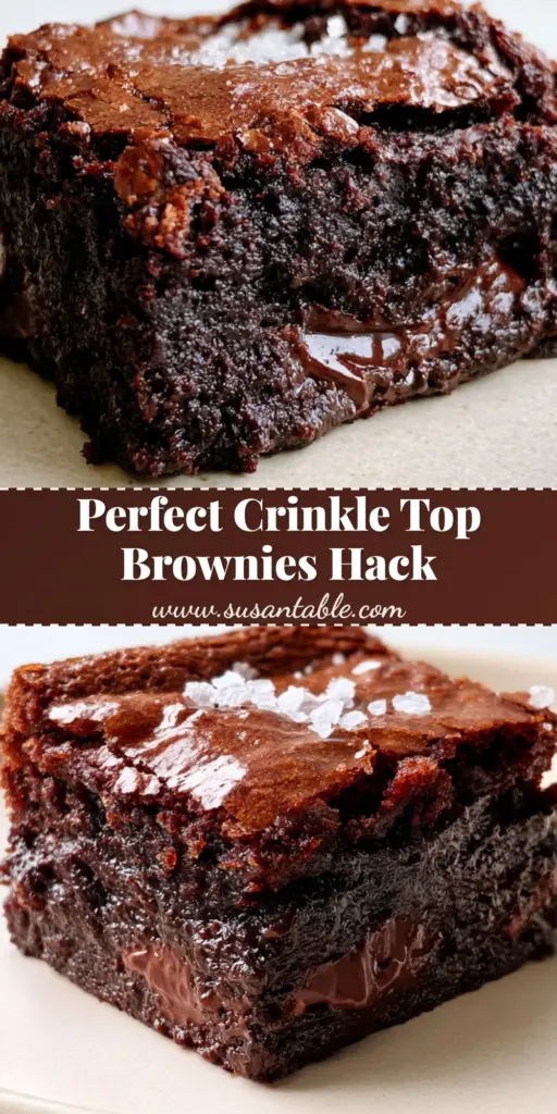 Fudgy Brownies with a Paper-Thin Crinkle Crust and Flaky Sea Salt 4 A stack of fudgy brownies with a shiny paper-thin crinkled sugar crust and half-melted chocolate chunks, garnished with flaky sea salt. (fudgy brownies)