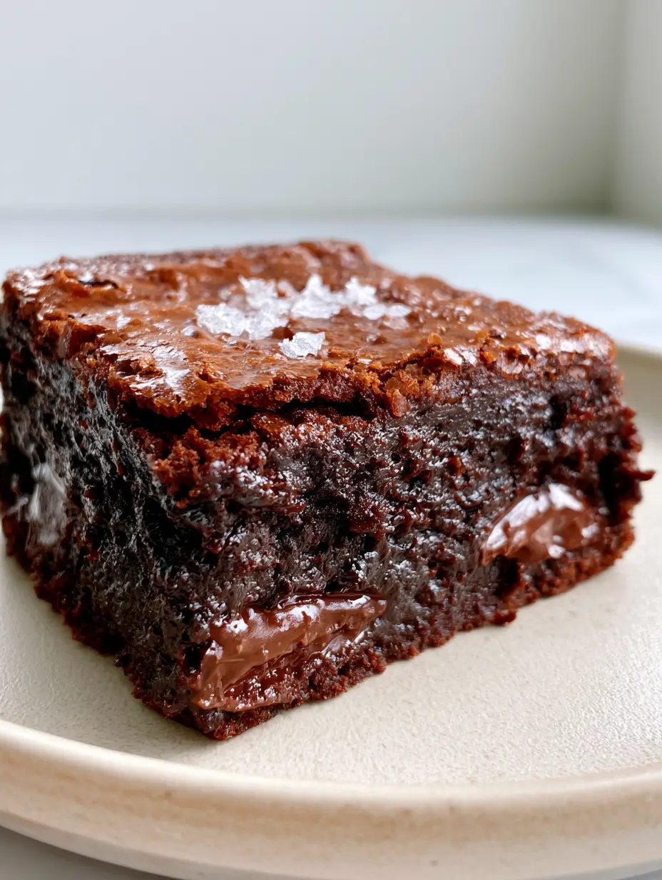 Fudgy Brownies with a Paper-Thin Crinkle Crust and Flaky Sea Salt 3 Close-up of a sliced fudgy brownie on a ceramic plate showing the dense dark chocolate center and flaky sea salt. (fudgy brownies)