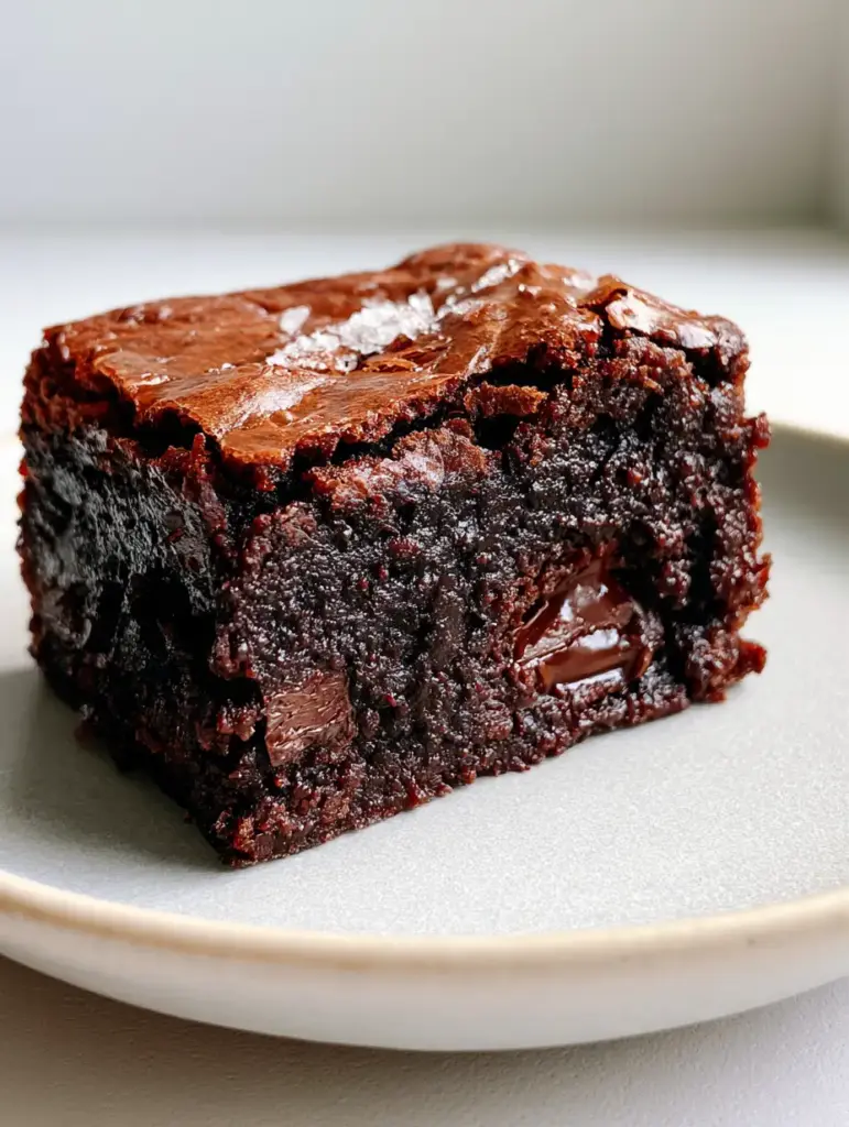 Fudgy Brownies with a Paper-Thin Crinkle Crust and Flaky Sea Salt 1 Top down view of a batch of fudgy brownies with a paper-thin shiny crackly sugar crust and sea salt.