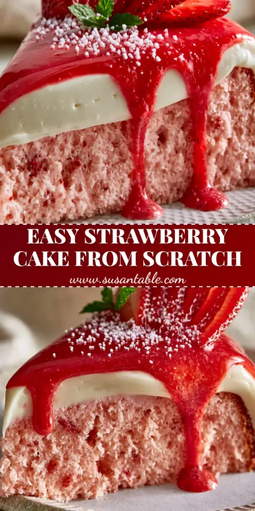 A handheld smartphone photo of a thick slice of strawberry cake with ivory cream cheese frosting and ruby-red glaze drips on a beige linen background.