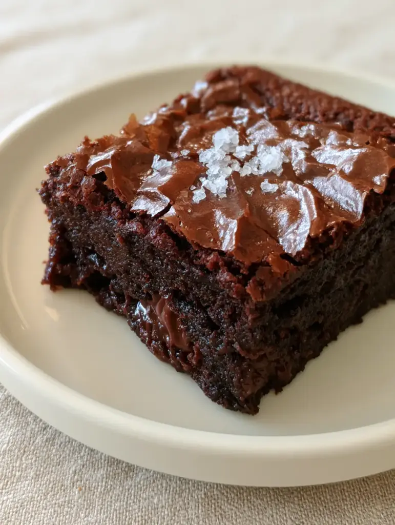 brownie recipe for Ultra-Fudgy Dark Chocolate Brownies 2 An unedited handheld smartphone photo of a thick, ultra-fudgy chocolate brownie on a clean cream ceramic plate showing a delicate, paper-thin, shiny crinkle-top crust with tiny fracture lines. (brownie recipe)