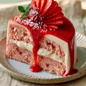 Close up of a thick slice of strawberry cake showing the light pink fluffy crumb and ivory frosting layers.