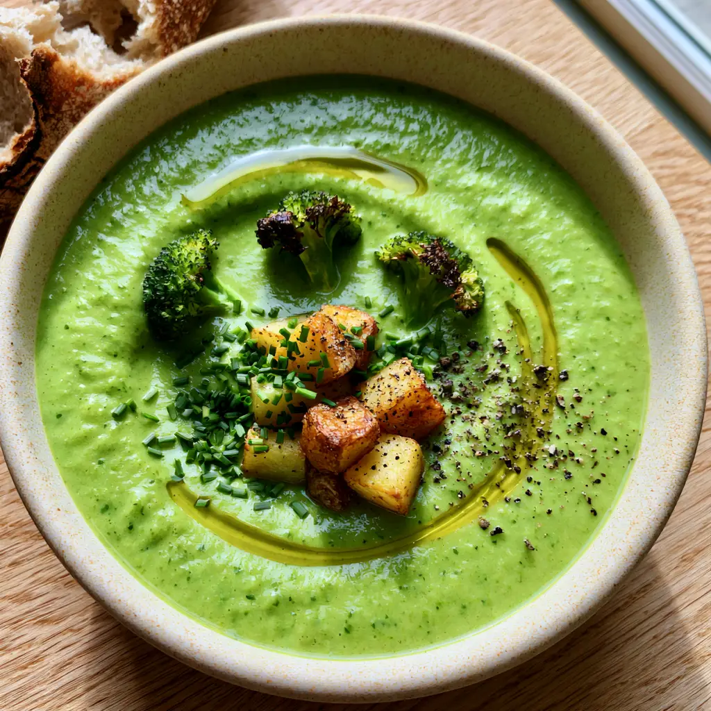 Broccoli Potato Soup: The Ultimate Creamy Emerald Green Comfort 1 Detailed close-up showing the velvety texture and olive oil drizzle on Broccoli Potato Soup.