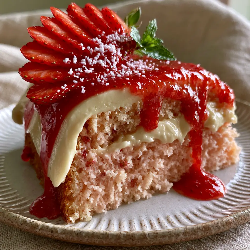 A thick slice of strawberry cake garnished with a mint sprig and ruby-red reduction glaze dripping down the ivory frosting.