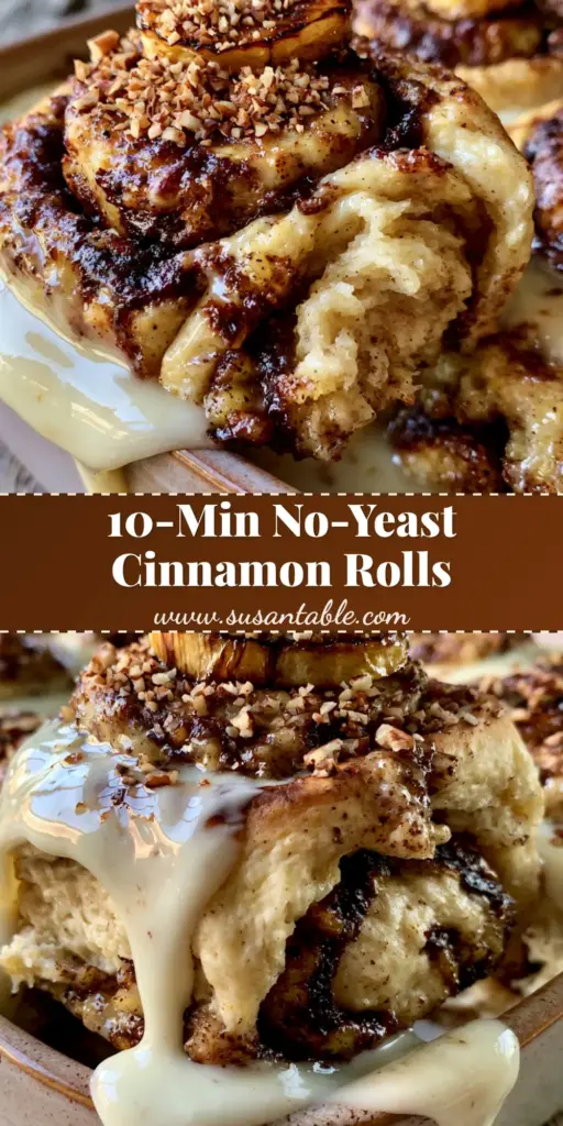 Banana Bread Cinnamon Rolls: The Ultimate Gooey Morning Treat 4 A close-up shot of warm banana bread cinnamon rolls in a ceramic dish, featuring gooey white glaze, toasted pecans, and a caramelized banana slice on top.