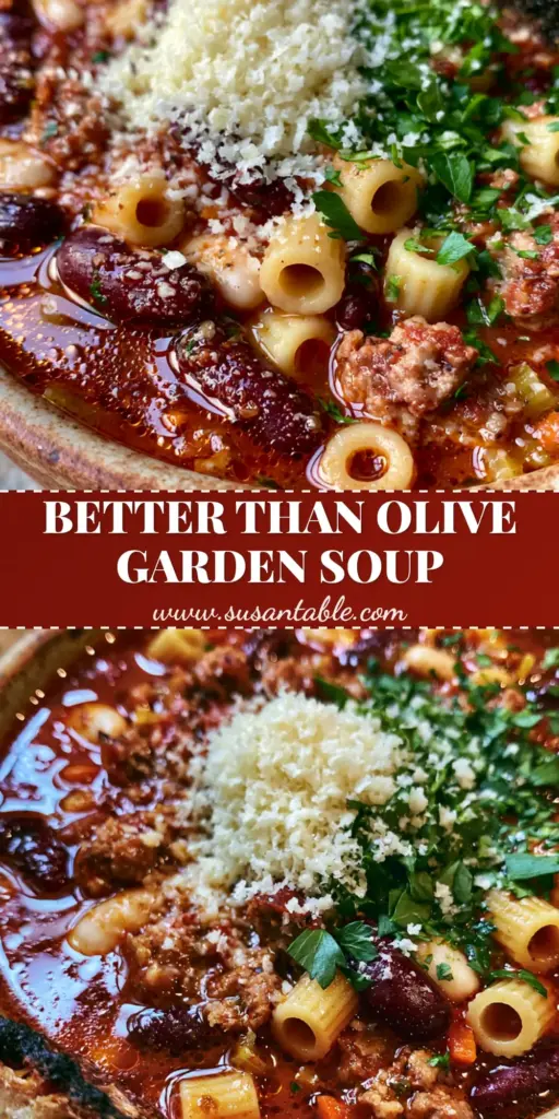 Pasta Fagioli Soup: The Ultimate Hearty Italian Comfort Bowl 4 A vertical overhead shot of Pasta Fagioli soup in a ceramic bowl with glossy tomato broth, ditalini pasta, and sausage crumbles.