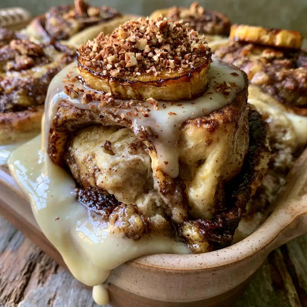 A handheld smartphone photo showing a fluffy golden-brown roll being lifted from a ceramic dish, revealing gooey cinnamon swirls. (banana bread cinnamon rolls)