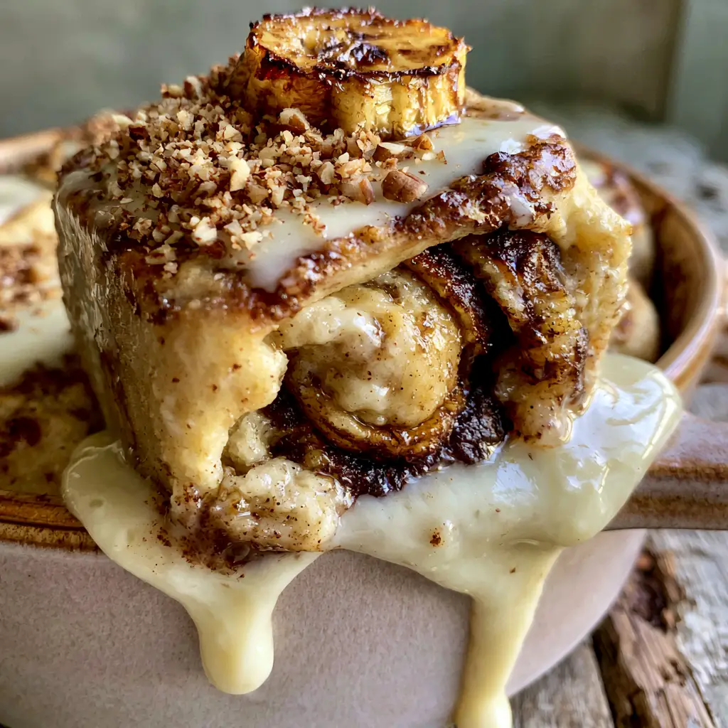 Banana Bread Cinnamon Rolls: The Ultimate Gooey Morning Treat 1 Wide shot of a ceramic baking dish filled with 12 banana bread cinnamon rolls covered in glossy white cream cheese glaze and chopped pecans.