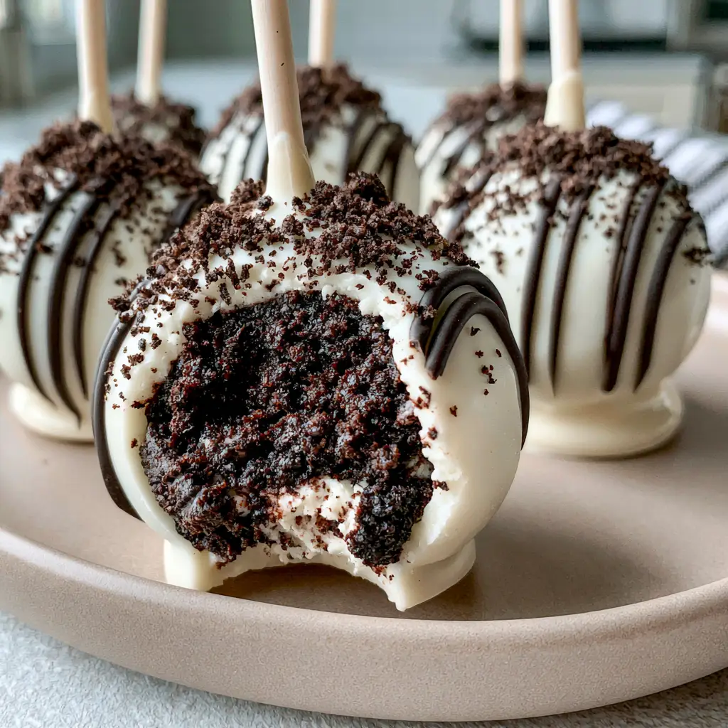 Oreo Cake Pops: The Ultimate Fudgy No-Bake Gourmet Treat 2 A handheld smartphone photo of a gourmet Oreo cake pop bitten into to reveal a dense dark chocolate center (oreo cake pops).