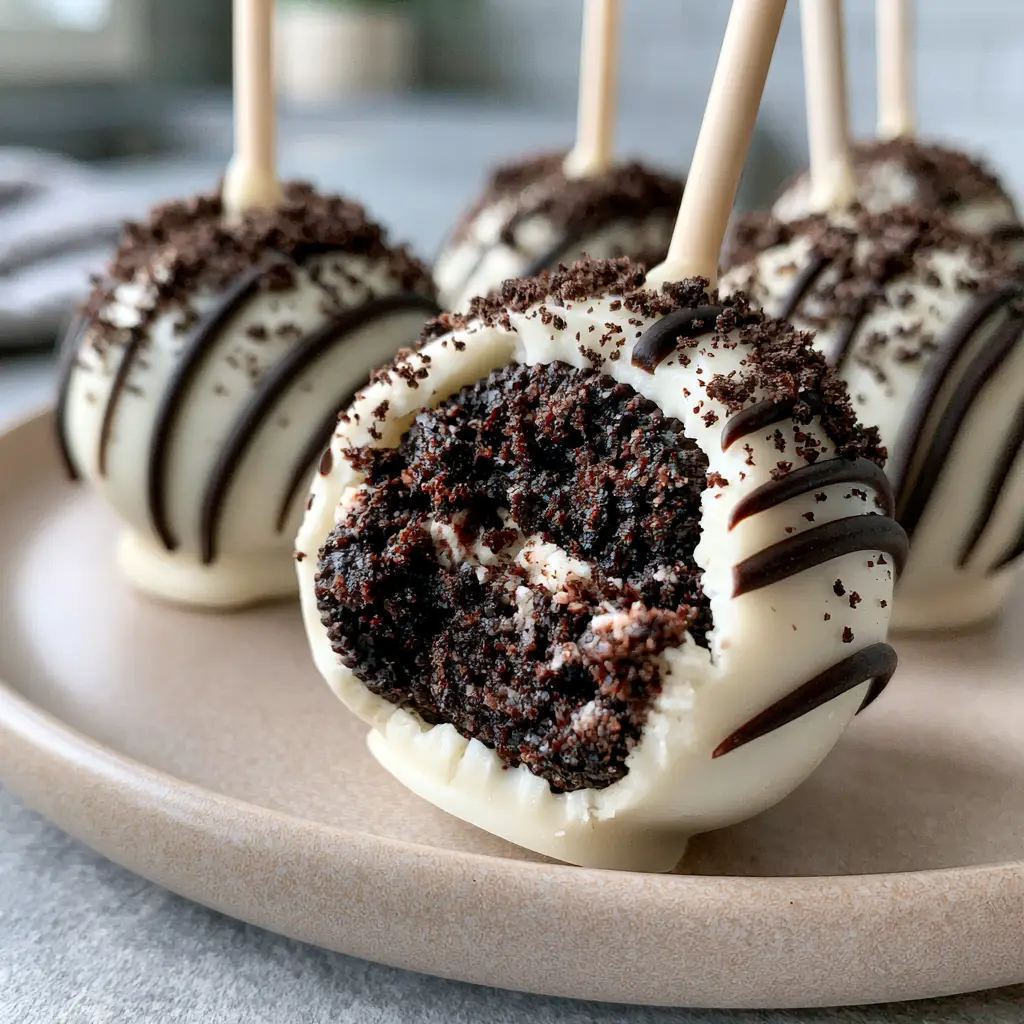 Oreo Cake Pops: The Ultimate Fudgy No-Bake Gourmet Treat 1 Gourmet Oreo cake pops arranged on a neutral ceramic plate with white chocolate coating and dark chocolate drizzle.