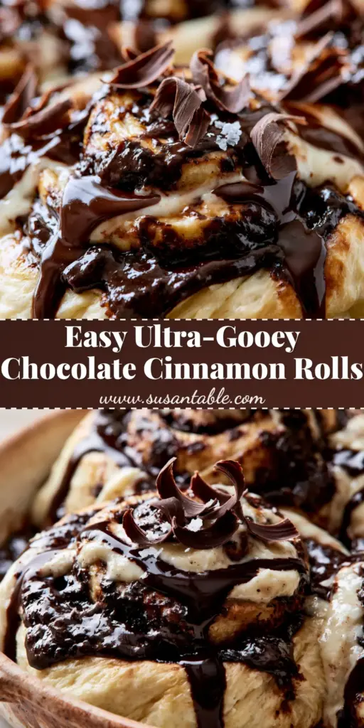 Chocolate Cinnamon Rolls with Molten Dark Chocolate and Cream Cheese Glaze 4 A stack of warm chocolate cinnamon rolls dripping with cream cheese glaze and dark chocolate syrup in a rustic dish.