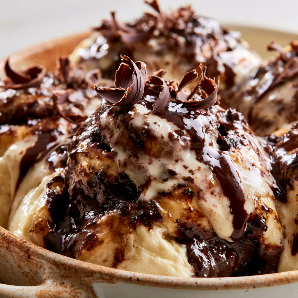 Close up shot of the molten dark chocolate swirl inside a freshly baked cinnamon roll.
