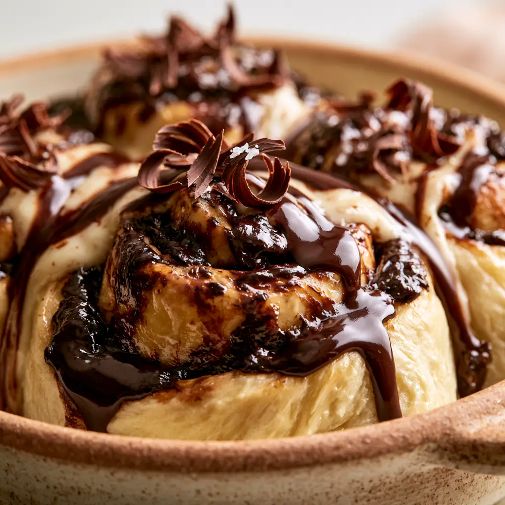 Chocolate Cinnamon Rolls with Molten Dark Chocolate and Cream Cheese Glaze 1 Golden brown chocolate cinnamon rolls topped with thick cream cheese glaze and shaved chocolate curls.