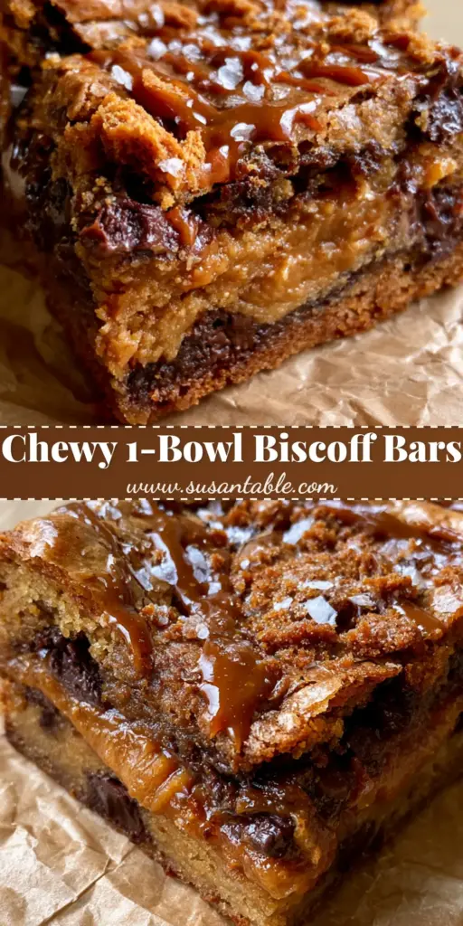 chocolate chip cookie butter bars: The Ultimate Fudgy Biscoff Blondie 3 A stack of chocolate chip cookie butter bars showcasing a shiny crinkle top and gooey amber biscoff swirls.