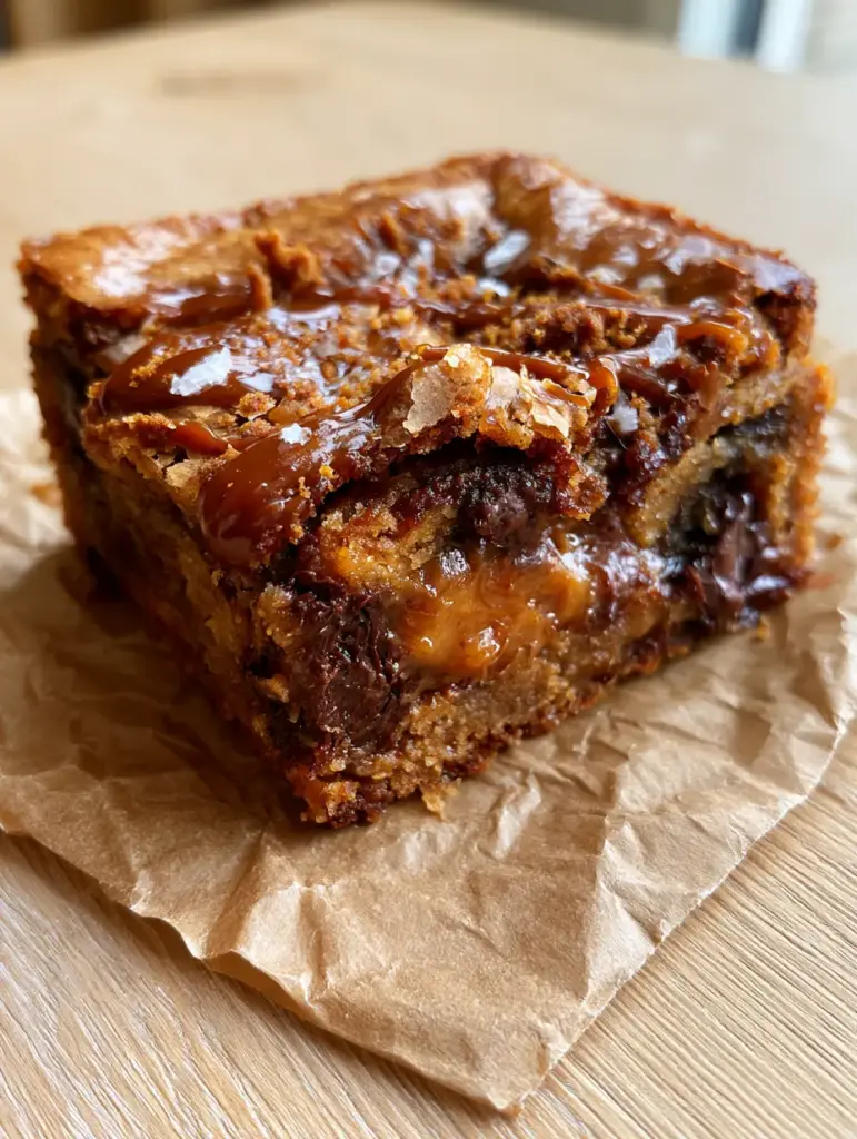 chocolate chip cookie butter bars: The Ultimate Fudgy Biscoff Blondie 2 Close-up shot of thick chocolate chip cookie butter bars with melted dark chocolate chunks and crushed speculoos crumbs.