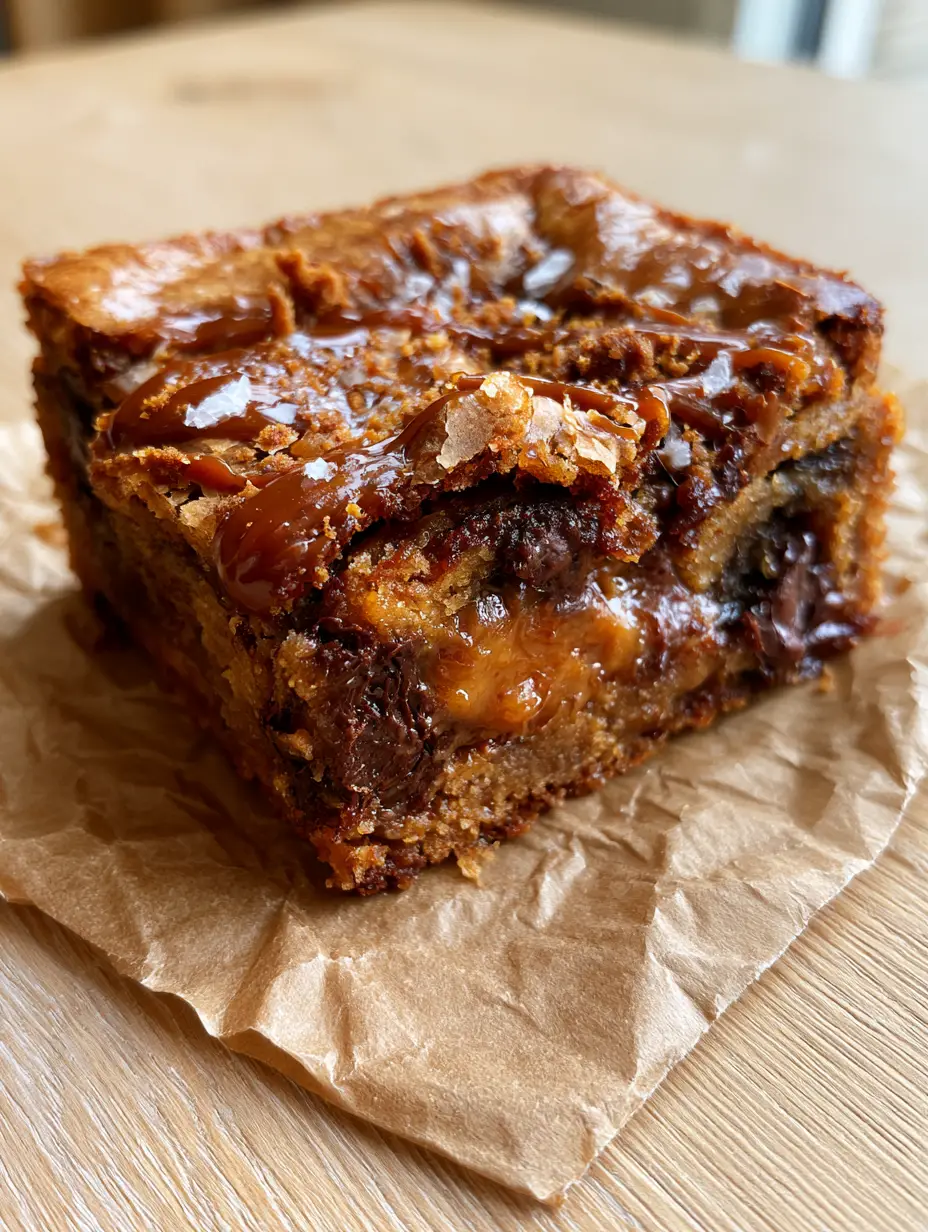 chocolate chip cookie butter bars: The Ultimate Fudgy Biscoff Blondie 4 Close-up shot of thick chocolate chip cookie butter bars with melted dark chocolate chunks and crushed speculoos crumbs.