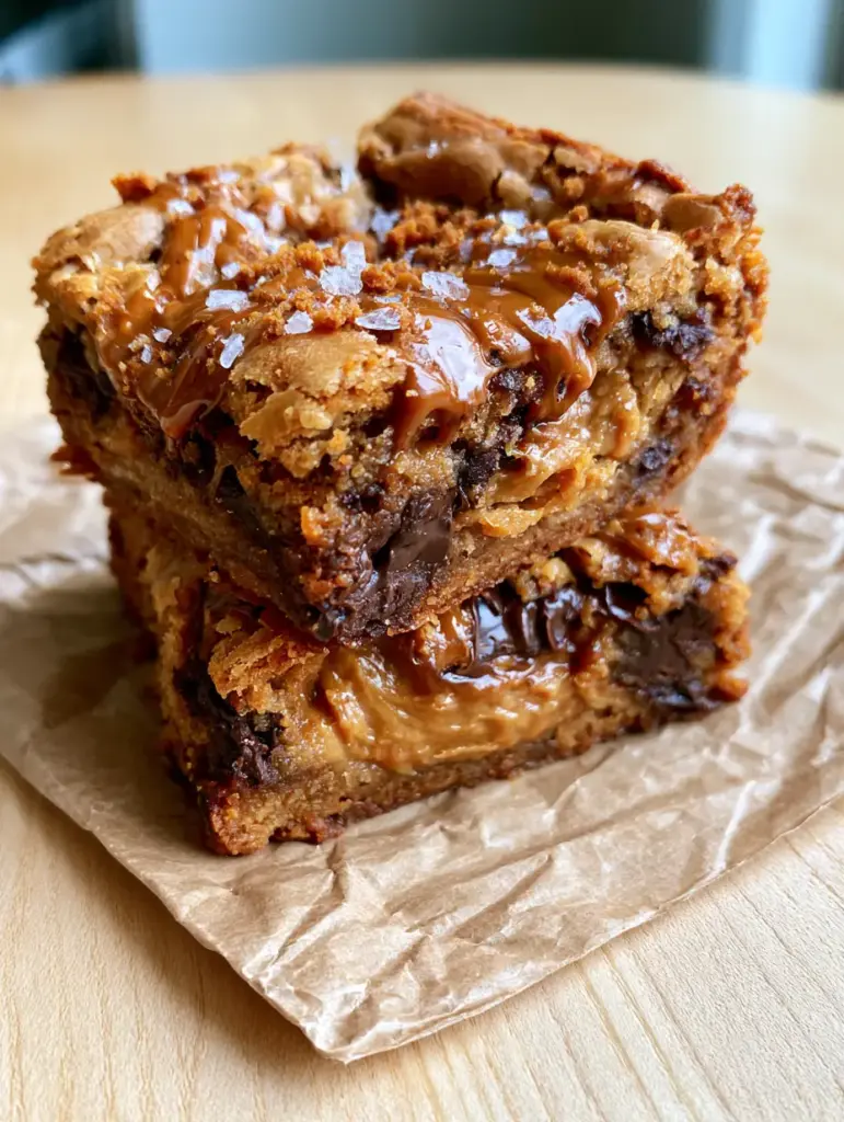 chocolate chip cookie butter bars: The Ultimate Fudgy Biscoff Blondie 1 Overhead view of chocolate chip cookie butter bars on parchment paper with flaky sea salt garnish.