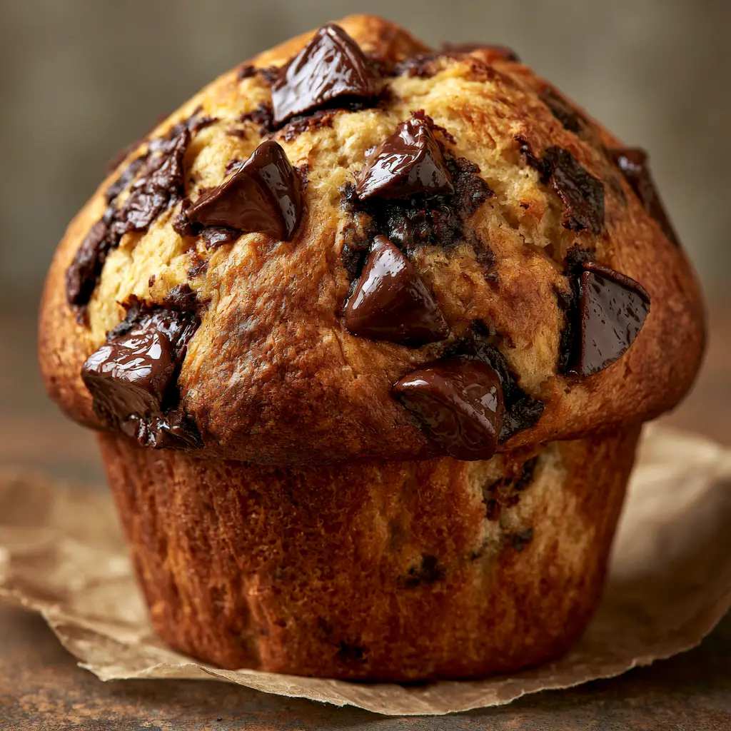 Close-up of a giant chocolate chip muffin on rustic parchment showing moist crumb and melted chunks. (chocolate chip muffins)
