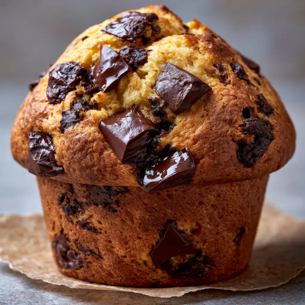 Chocolate Chip Muffins: The Best Bakery-Style Recipe with Sky-High Domes 1 A handheld style photo of a golden-brown chocolate chip muffin with a sparkling sugar dusting.