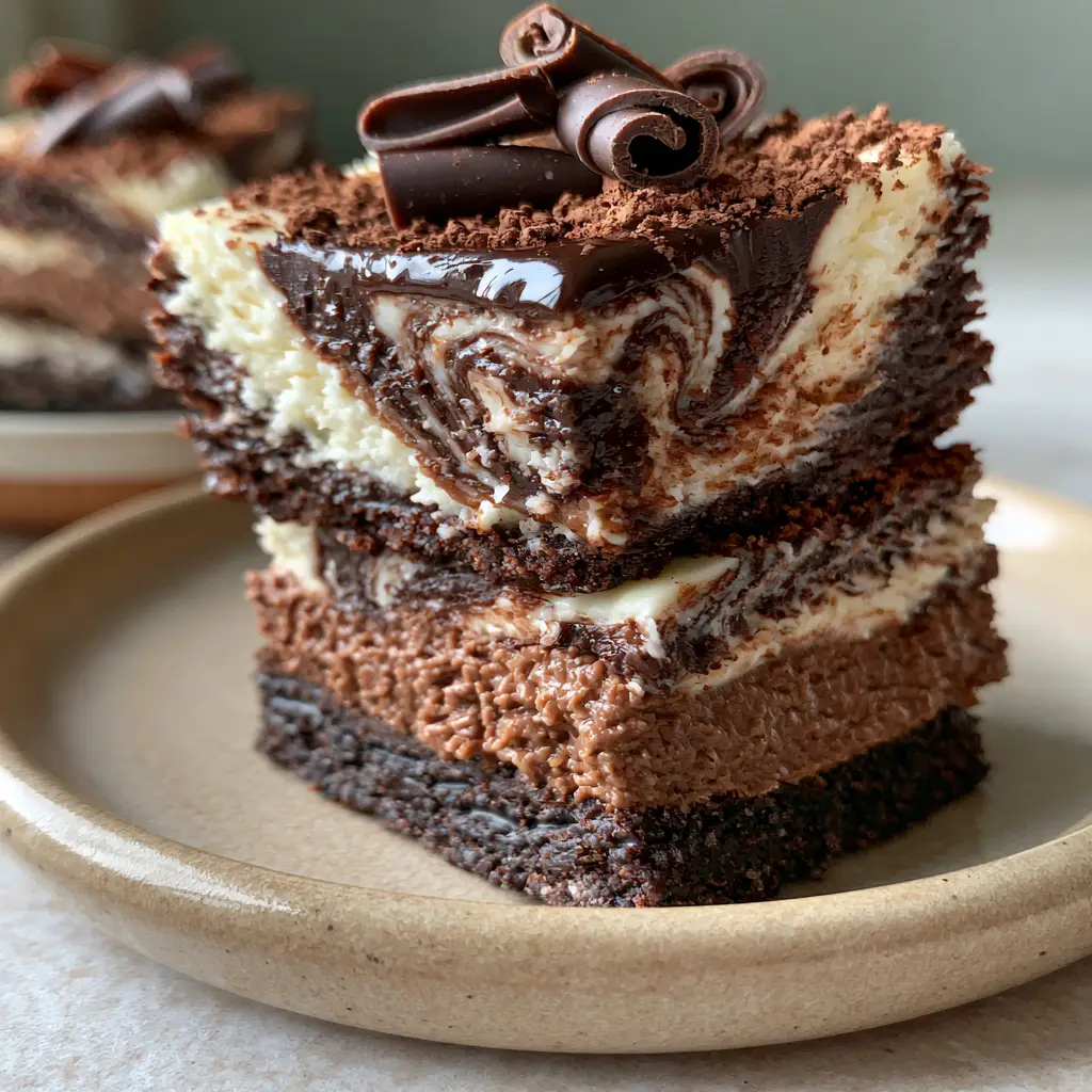 Chocolate Cheesecake Bars with a Marbled Dark Chocolate Swirl 2 A close up handheld shot of chocolate cheesecake bars showing the dense milk chocolate layer and Oreo crust.
