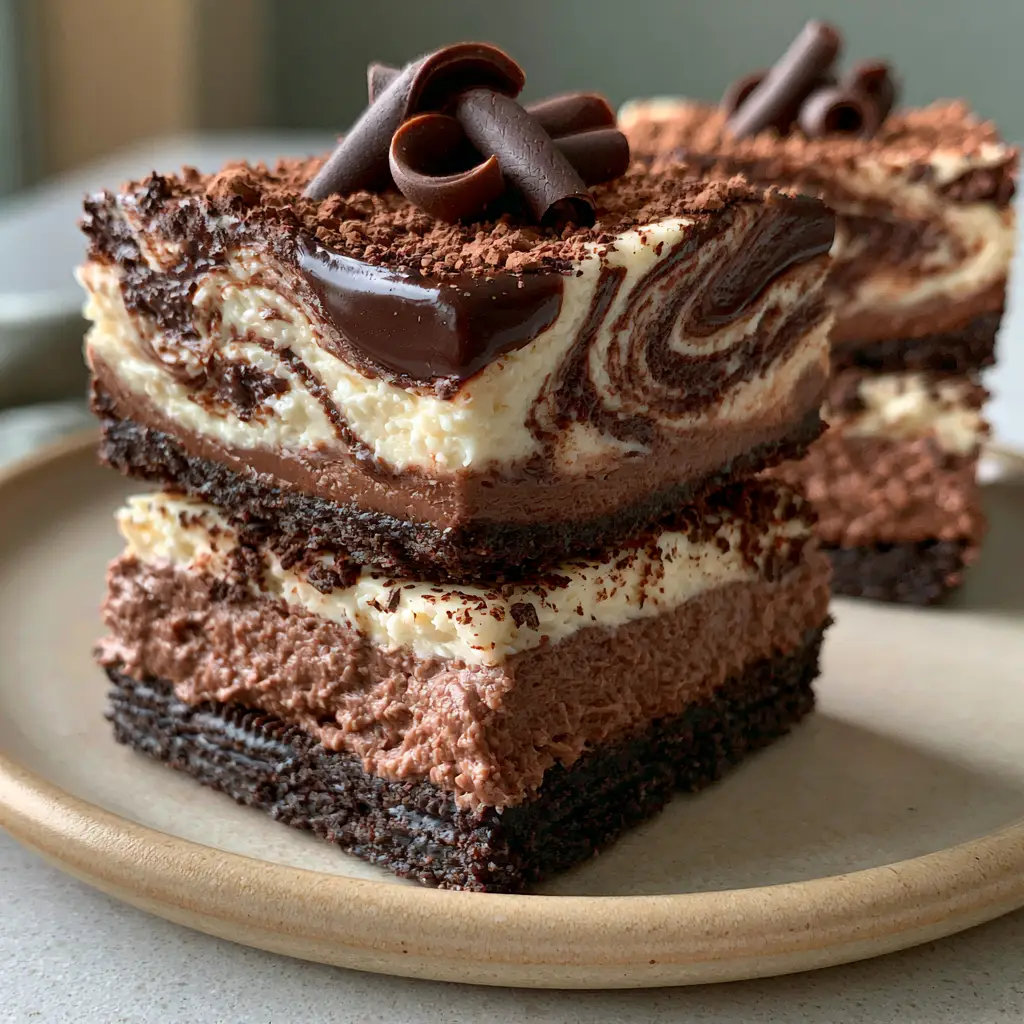 Chocolate Cheesecake Bars with a Marbled Dark Chocolate Swirl 1 Top down view of marbled dark chocolate swirl on cheesecake bars with cocoa powder dusting.