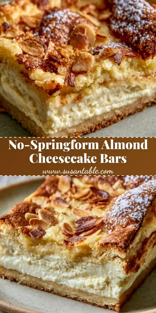 Almond Frangipane Cheesecake Bars with Shortbread Crust 4 A close-up shot of an Almond Frangipane Cheesecake Bar showing the distinct thick shortbread crust, dense cream cheese layer, and puffy golden almond frangipane topping.