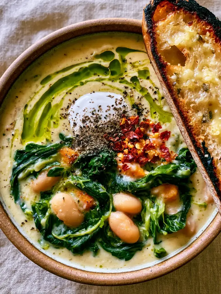 Close-up of velvety ivory broth in Tuscan white bean soup with whole cannellini beans and vibrant kale.