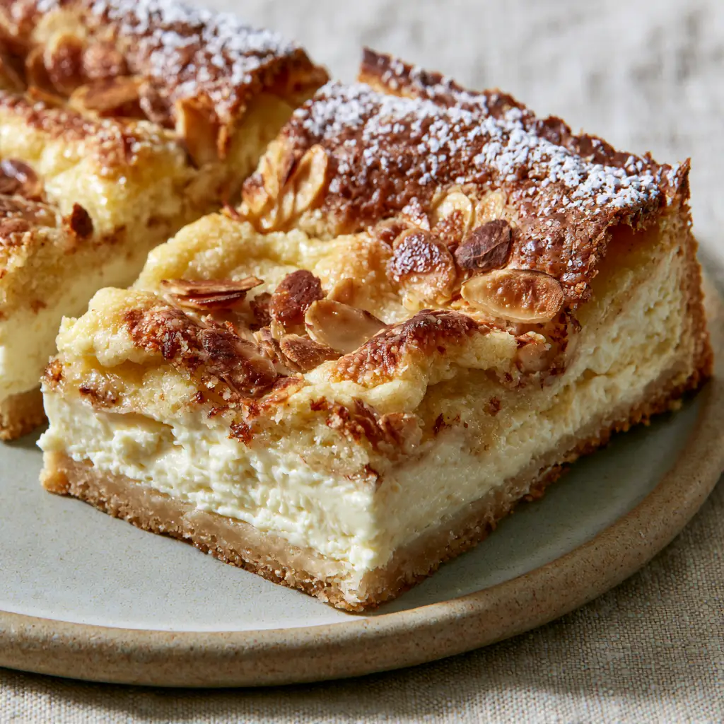 Almond Frangipane Cheesecake Bars with Shortbread Crust 2 A single sliced Almond Frangipane Cheesecake Bar on a matte ceramic plate showing the toasted sliced almonds on top.