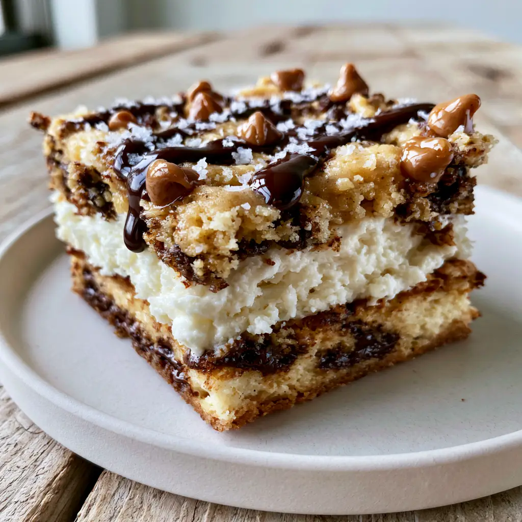 Chocolate Chip Cookie Cheesecake Bars: The Ultimate Gooey Dessert 2 A perfectly sliced square of chocolate chip cookie cheesecake bars on a white plate with dark chocolate drizzle and sea salt. (chocolate chip cookie cheesecake bars)
