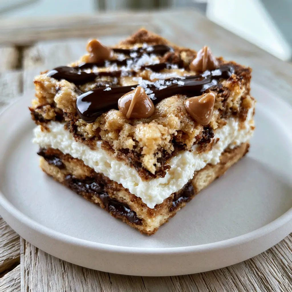 Chocolate Chip Cookie Cheesecake Bars: The Ultimate Gooey Dessert 1 Top view of the golden-brown cookie crumble and melted chocolate chips on the cheesecake bars.