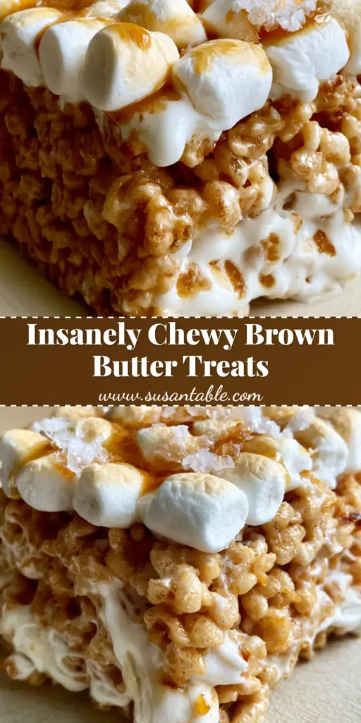 A stack of thick Brown Butter Rice Krispie Treats showing a long marshmallow pull and toasted cereal grains.