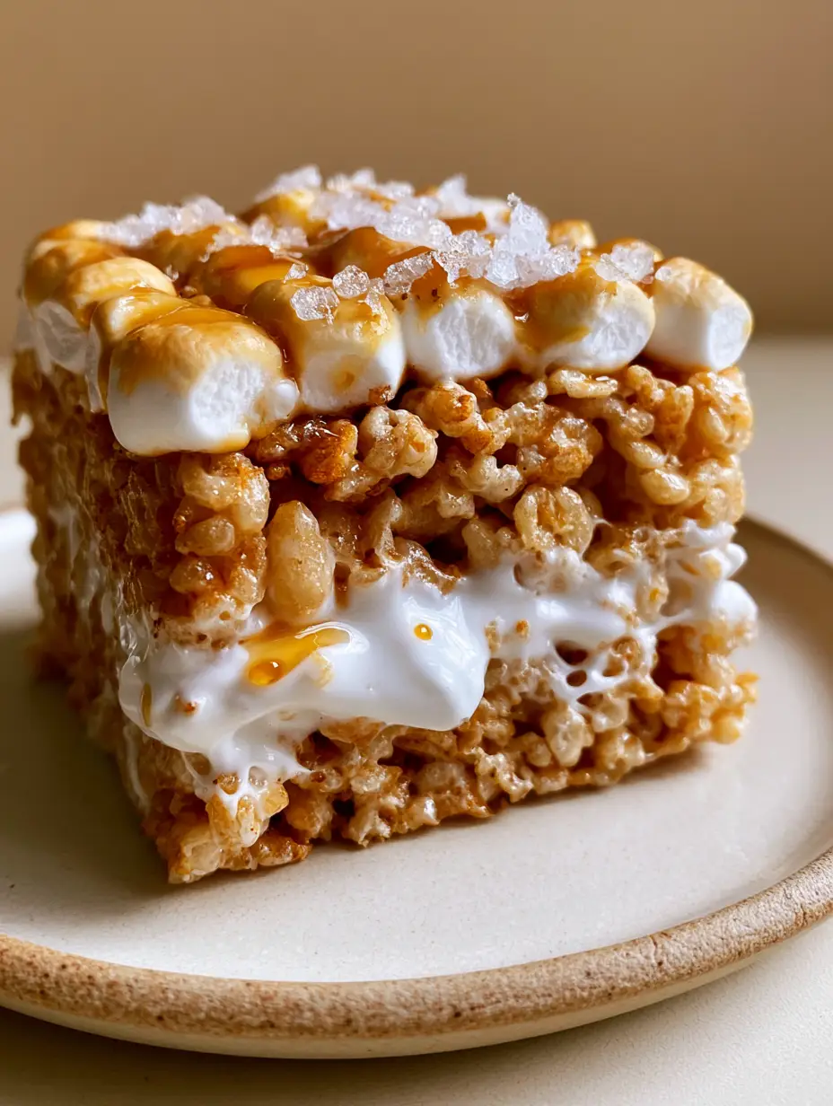 Close-up of a Brown Butter Rice Krispie Treat bar with golden brown butter flecks and flaky sea salt crystals.