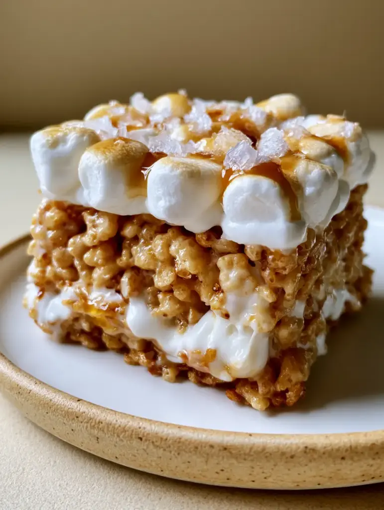 A slice of ultra-thick rice krispie treat on a ceramic plate featuring half-melted mini marshmallows.