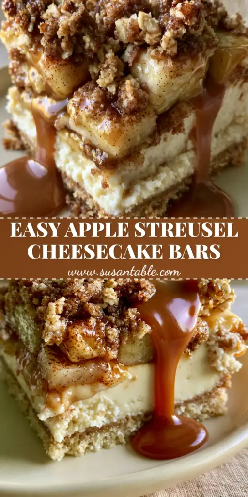 Apple Streusel Cheesecake Bars With Warm Caramel Drizzle 4 A beautiful overhead vertical shot of sliced apple streusel cheesecake bars showcasing crisp shortbread crust, smooth cream cheese filling, spiced caramelized apples, brown sugar oat streusel, and a warm amber caramel drizzle.