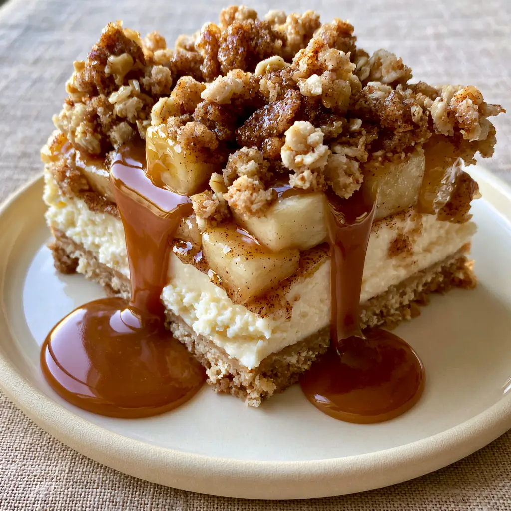 Apple Streusel Cheesecake Bars With Warm Caramel Drizzle 2 Handheld smartphone photo of a sliced square apple streusel cheesecake bar on a cream ceramic plate showing distinct dessert layers.