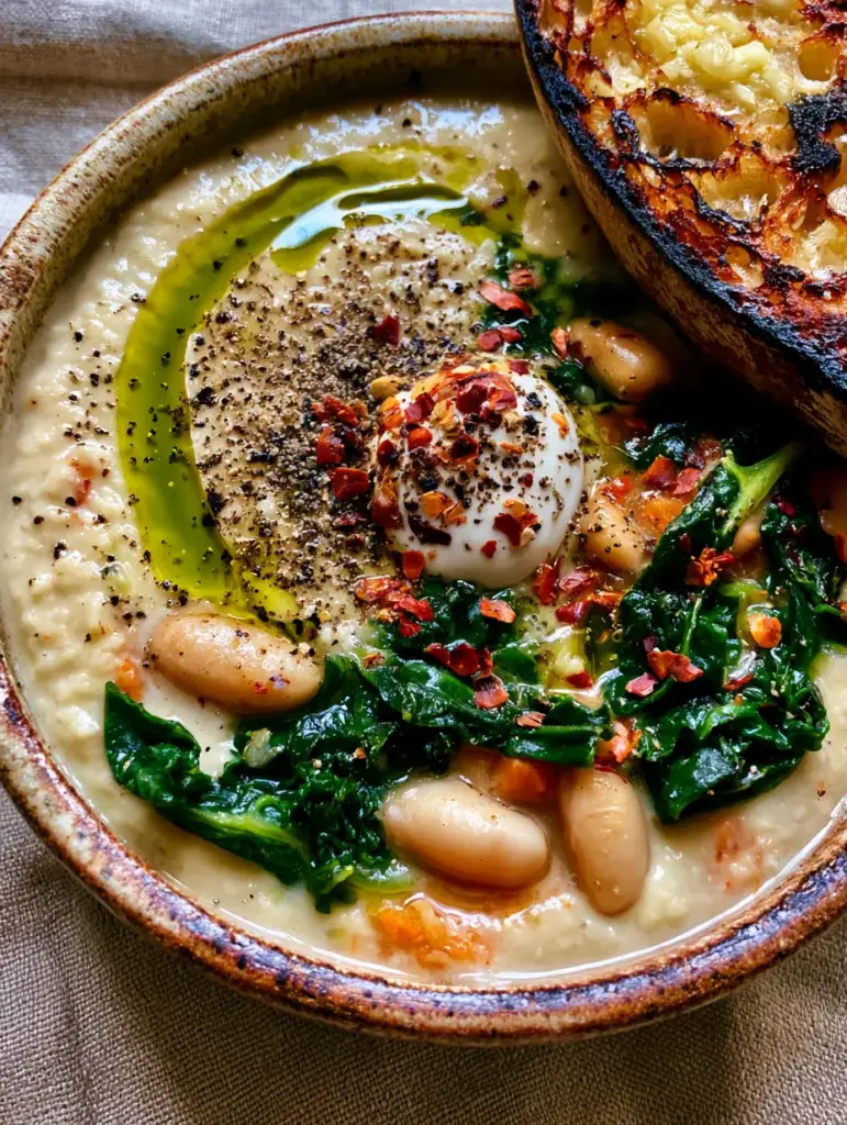 Tuscan white bean soup with Creamy Kale and Garlic Sourdough 1 Rustic bowl of Tuscan white bean soup topped with chili flakes, black pepper, and a swirl of green olive oil.