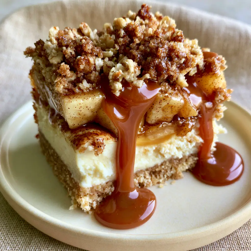 Apple Streusel Cheesecake Bars With Warm Caramel Drizzle 1 Close-up macro shot of apple streusel cheesecake bars emphasizing the thick glossy warm amber-colored caramel sauce dripping down the side.