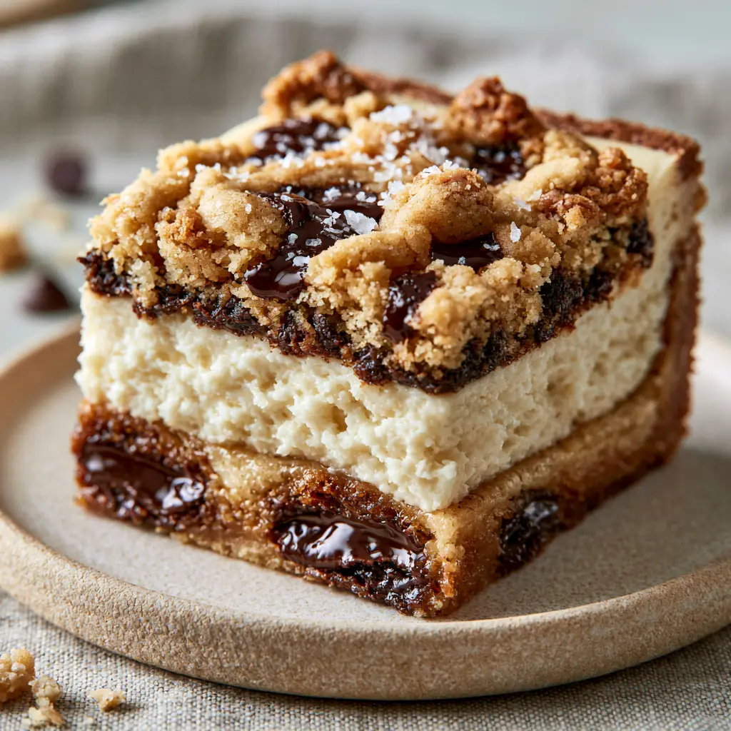 Brown Butter Chocolate Chip Cookie Cheesecake Bars Recipe 2 Eye-level close-up of a sliced Brown Butter Chocolate Chip Cookie Cheesecake Bar highlighting the thick dense textures of the layers.