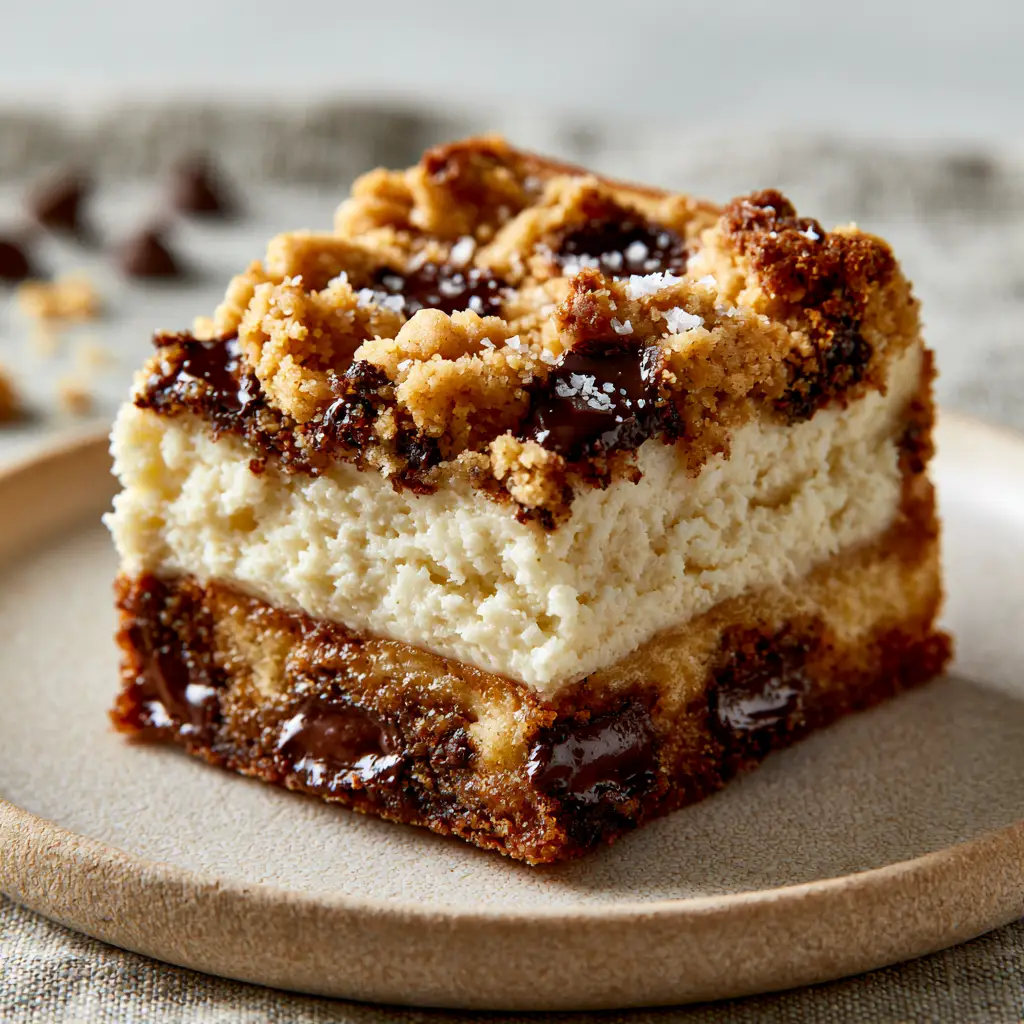 Brown Butter Chocolate Chip Cookie Cheesecake Bars Recipe 1 A candid shot of a perfectly sliced Brown Butter Chocolate Chip Cookie Cheesecake Bar sprinkled with flaky sea salt.