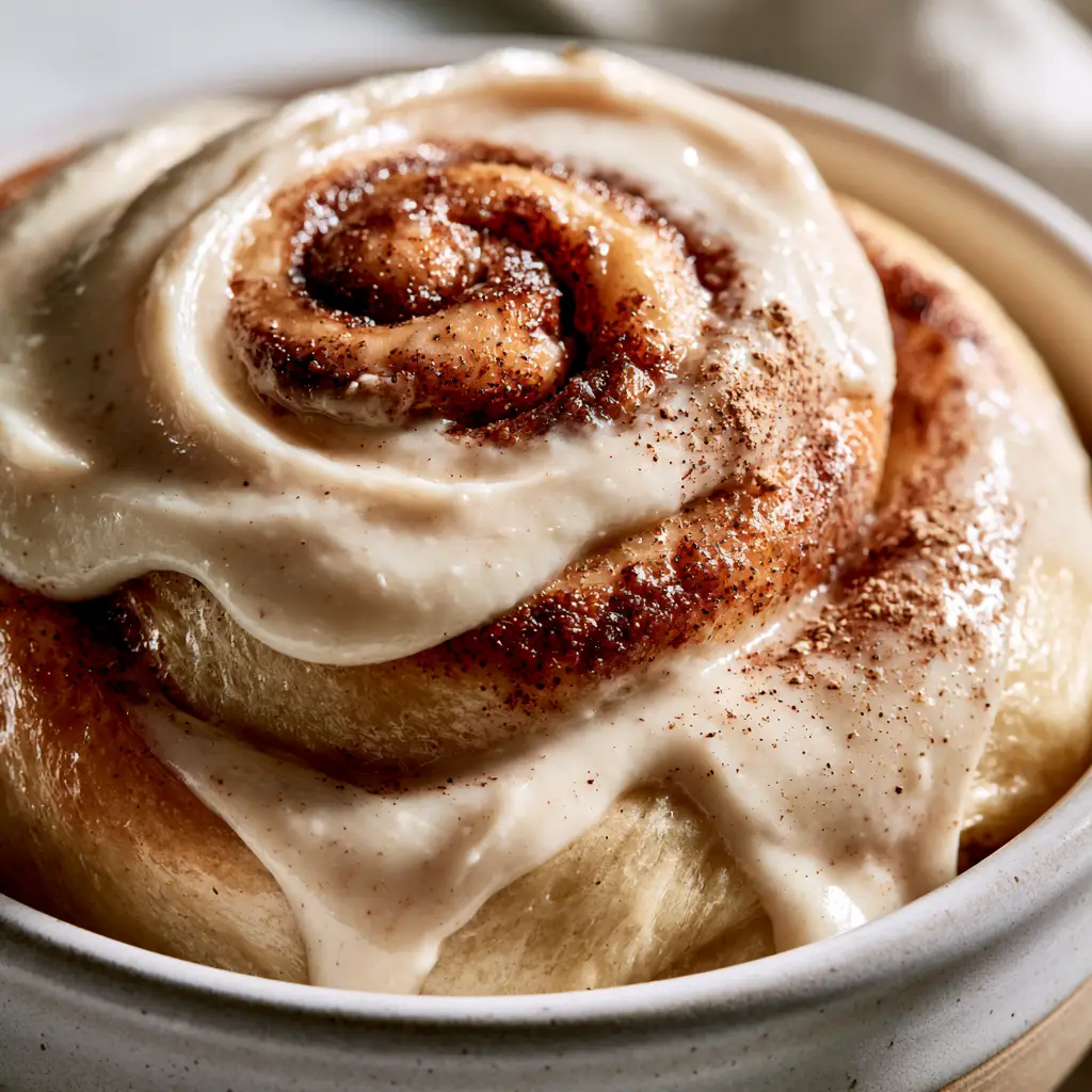 Brown Butter Cinnamon Rolls: The Ultimate Fluffy Brioche Recipe 1 Slow drips of ivory brown-butter cream cheese frosting on a freshly baked cinnamon roll.