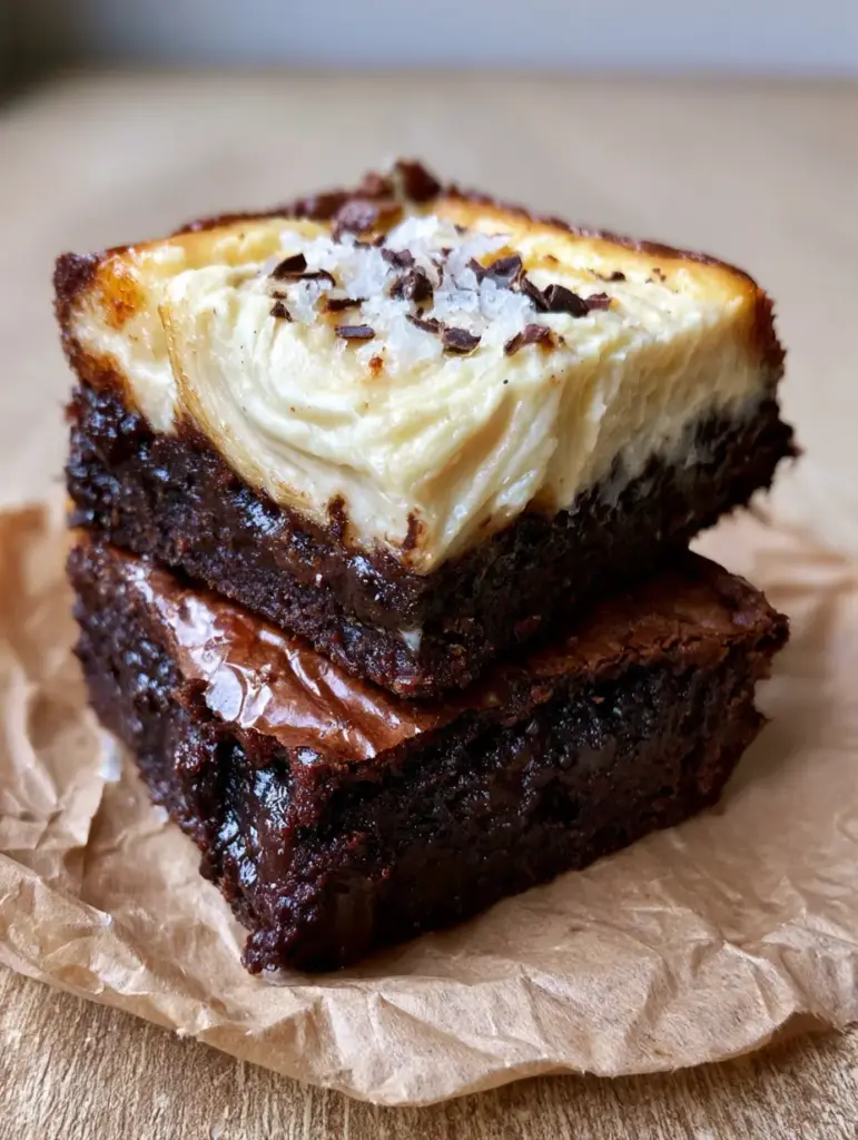 Cheesecake Brownies: The Ultimate Fudgy Dark Chocolate Marble Bars 2 Close up of cheesecake brownies showing the shiny crinkly top and moist gooey pockets of dark chocolate.