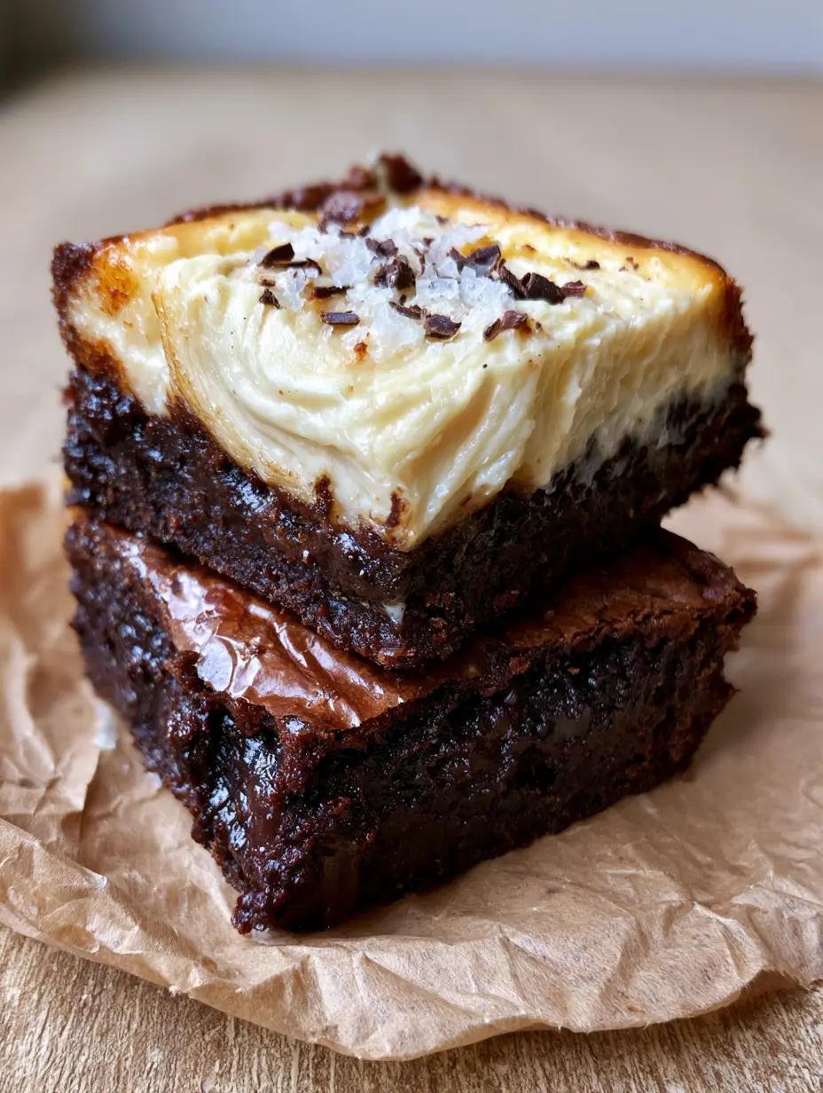 Cheesecake Brownies: The Ultimate Fudgy Dark Chocolate Marble Bars 3 Close up of cheesecake brownies showing the shiny crinkly top and moist gooey pockets of dark chocolate.